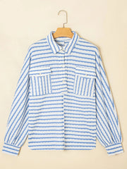 Stripe Half Button Collared Chest Pockets Loose Fit Blouse
