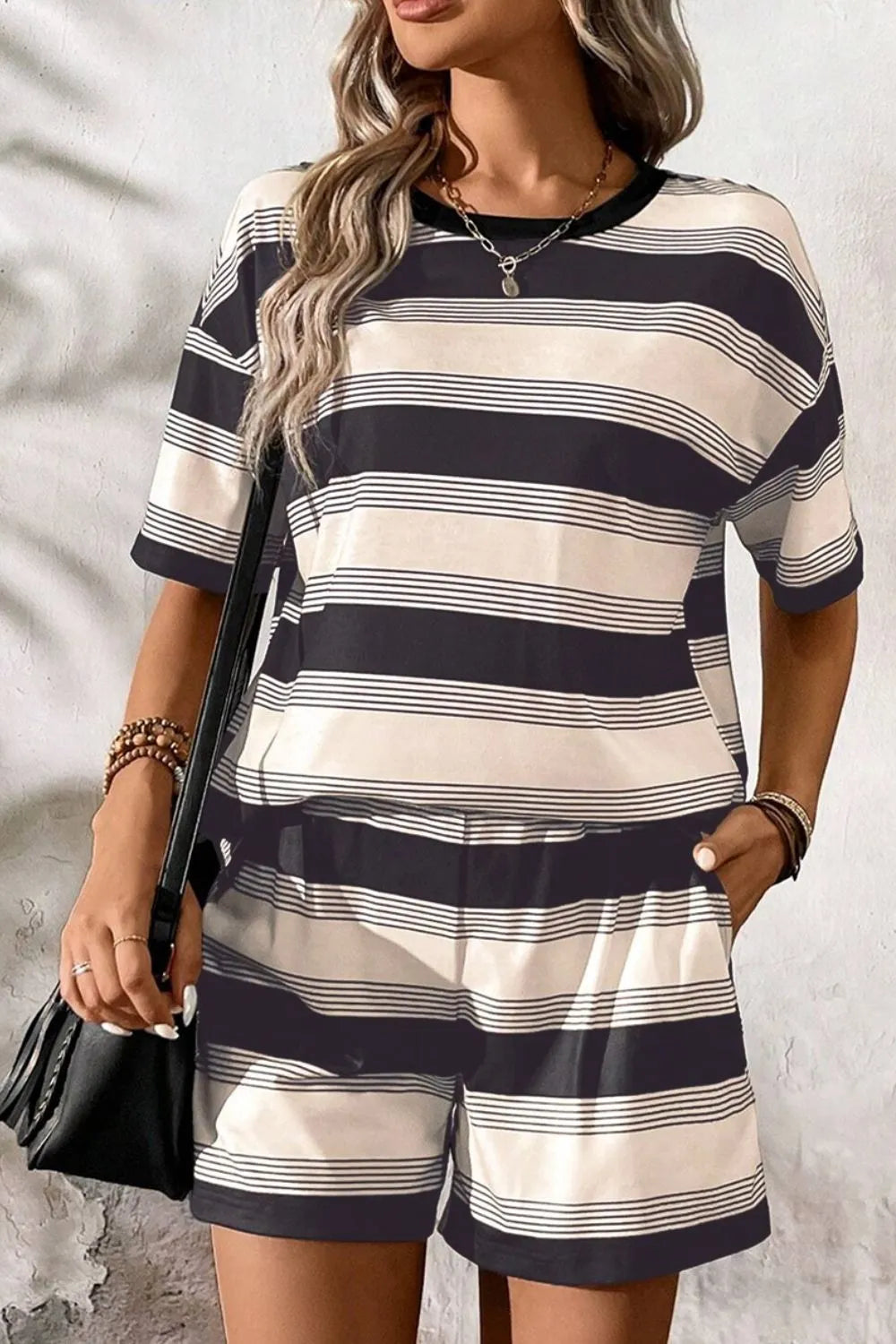 Stripe Half Sleeve T-Shirt and High Waist Pocketed Shorts Set Stripe / S