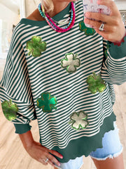 Stripe Lucky Clover Drop Shoulder Sweatshirt Dark Green / S