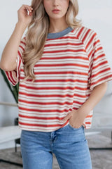 Stripe Print Contrast Collar Raglan Sleeve T Shirt Coral / S