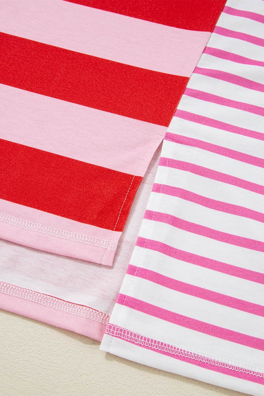 Stripe Side Slit Round Neck T-Shirt