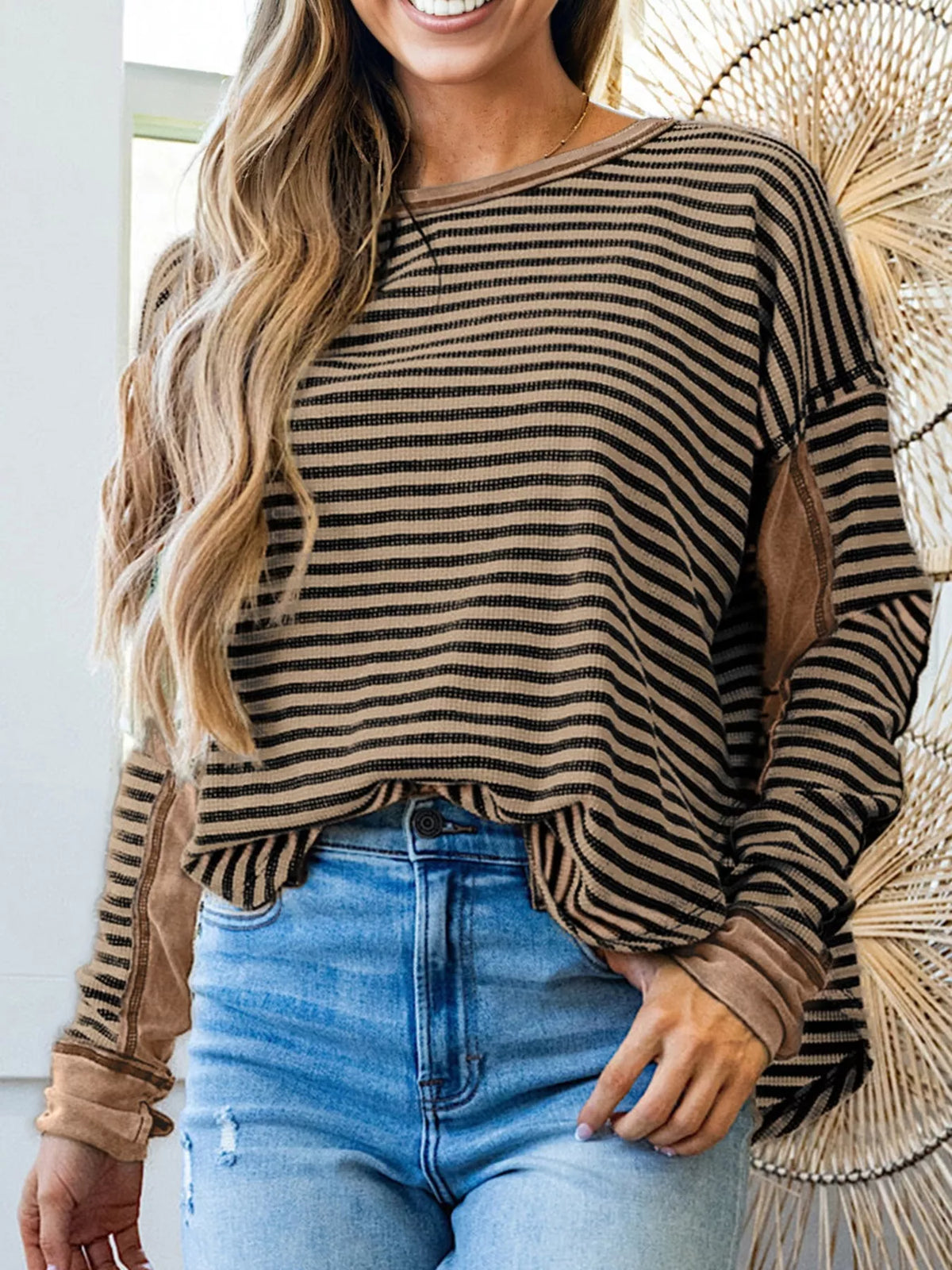 Stripe Thermal Knit Drop Shoulder Casual Top Taupe / S