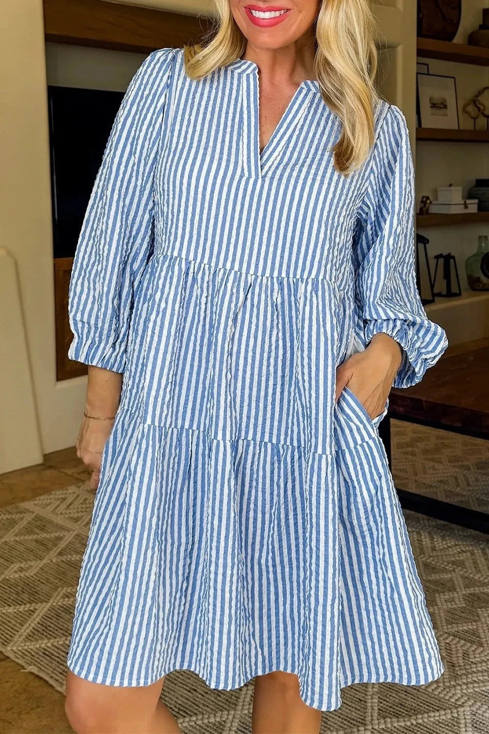 Stripe Tiered Shift Dress with Pockets Light Blue / S