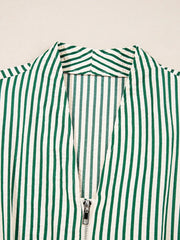 Stripe V Neck Zip Front Cinched High Waist Midi Dress