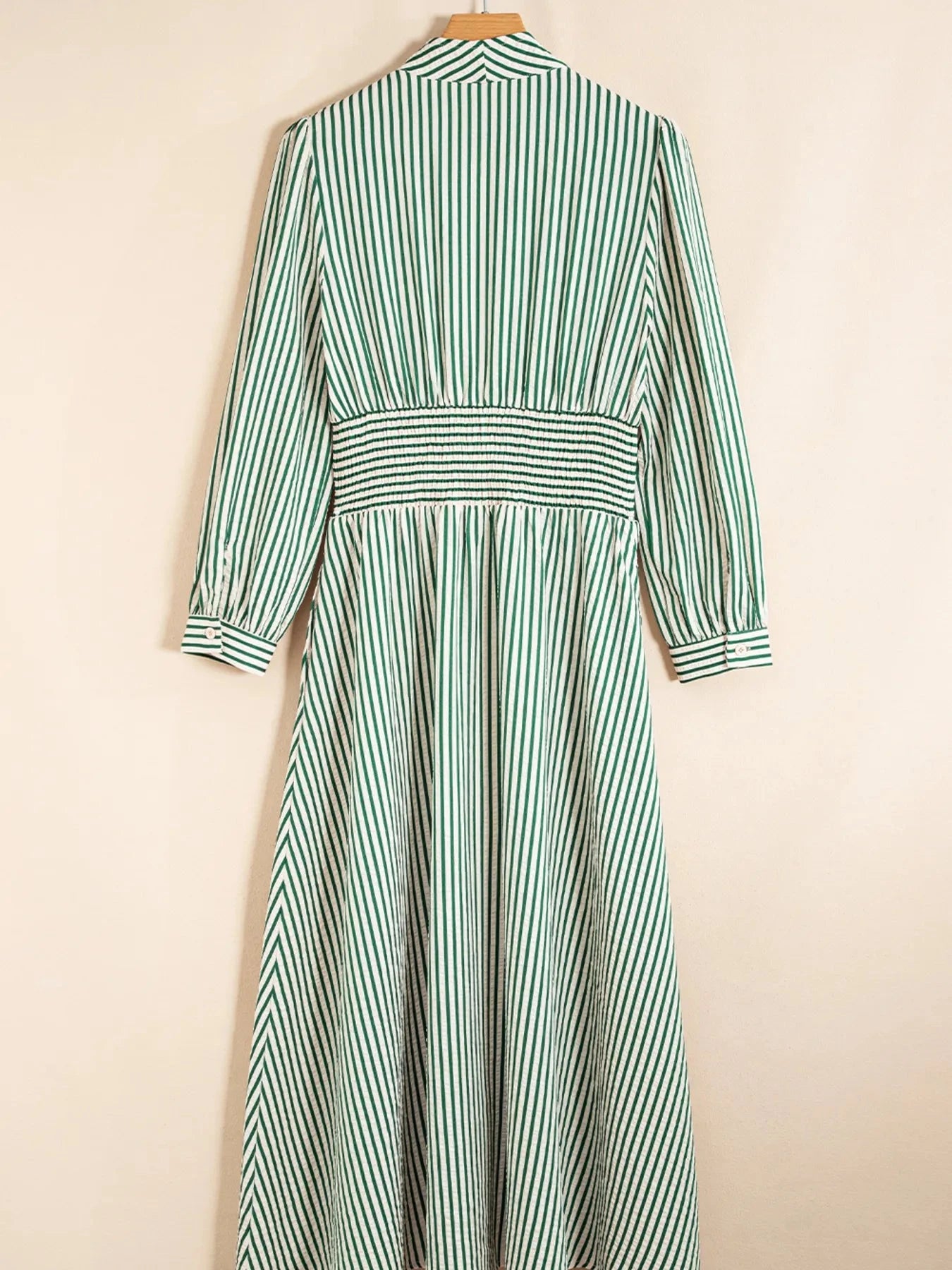 Stripe V Neck Zip Front Cinched High Waist Midi Dress