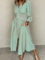 Stripe V Neck Zip Front Cinched High Waist Midi Dress Sage / S