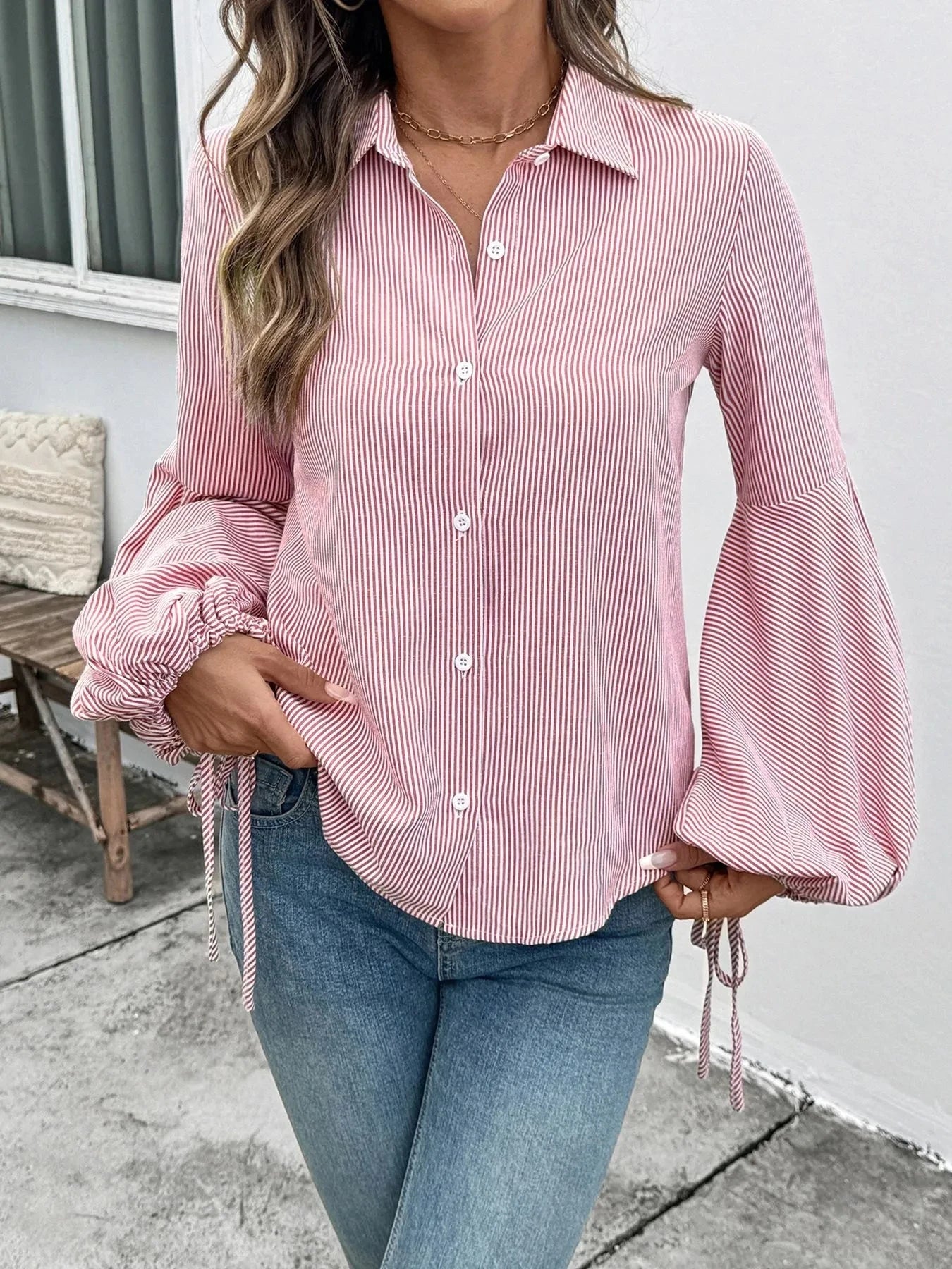 Striped Balloon Sleeve Button-Up Shirt