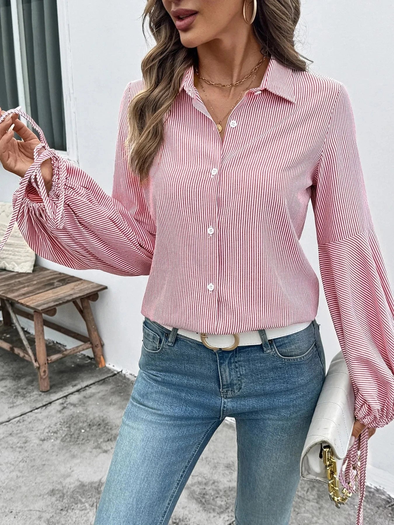 Striped Balloon Sleeve Button-Up Shirt