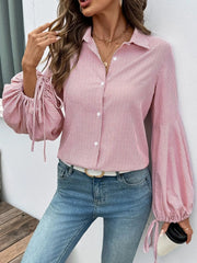 Striped Balloon Sleeve Button-Up Shirt Red / S
