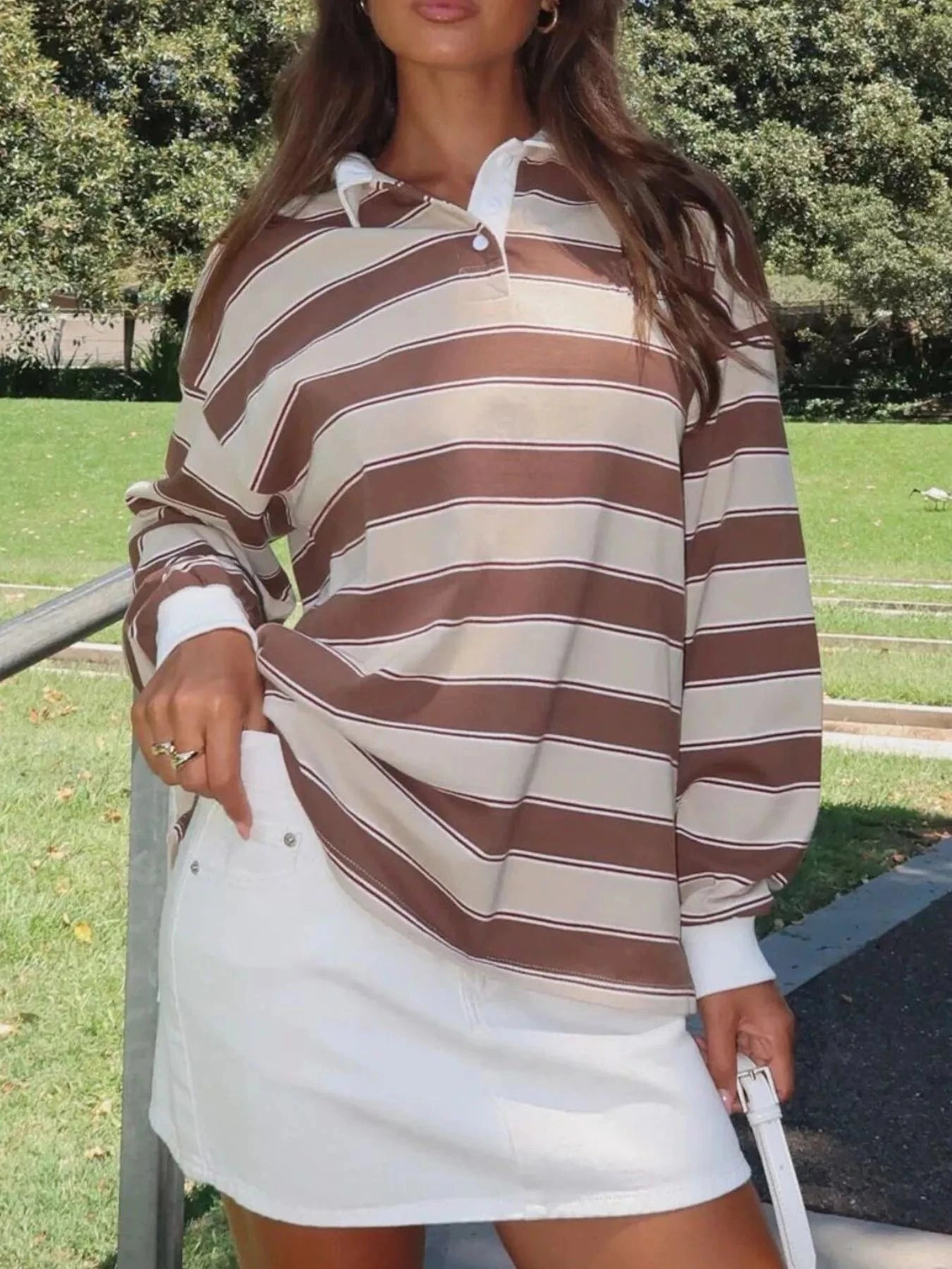 Striped Button Detail Long Sleeve Polo