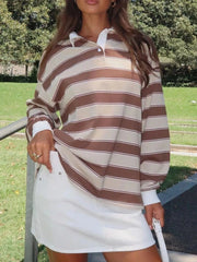 Striped Button Detail Long Sleeve Polo