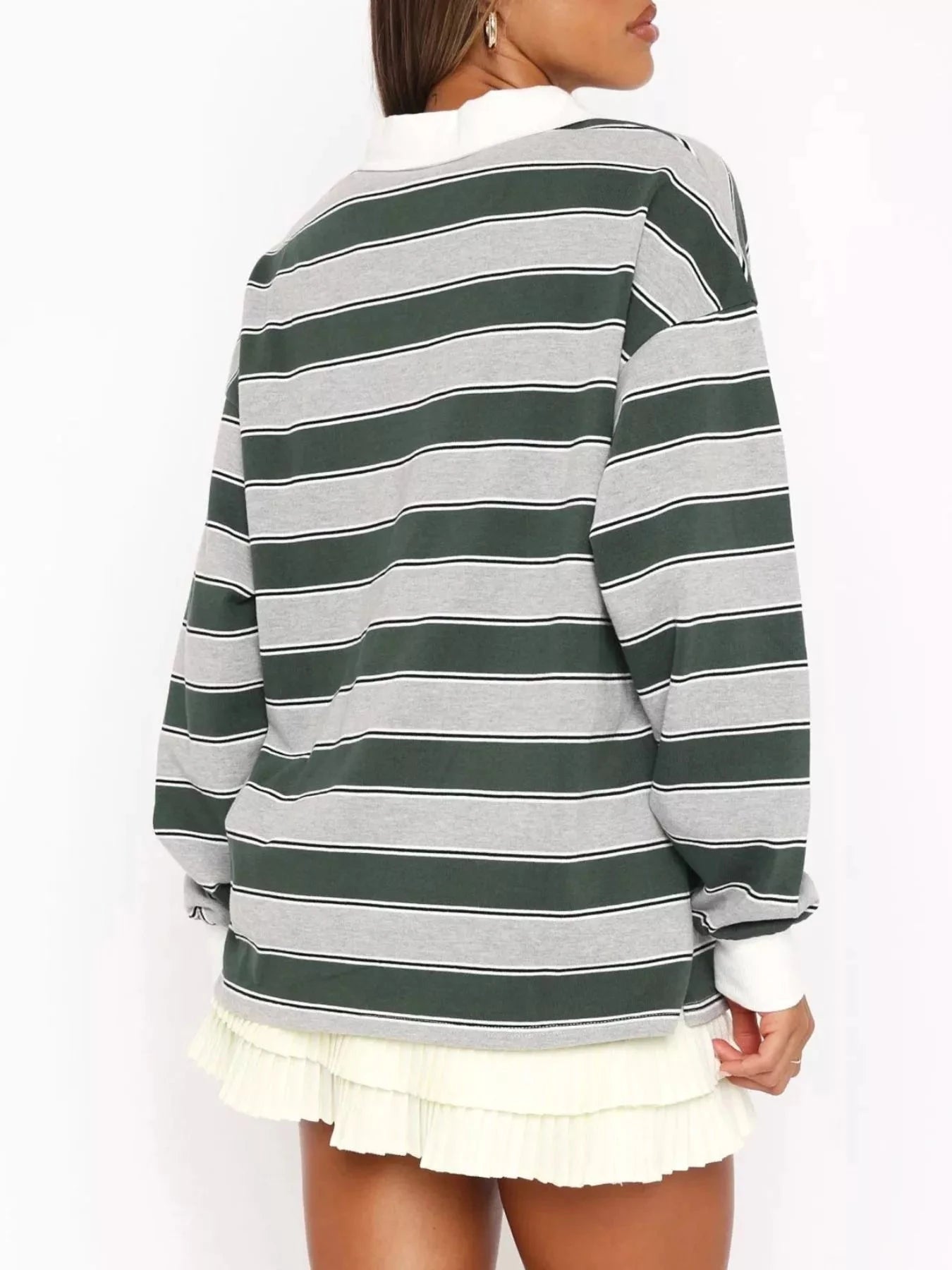 Striped Button Detail Long Sleeve Polo