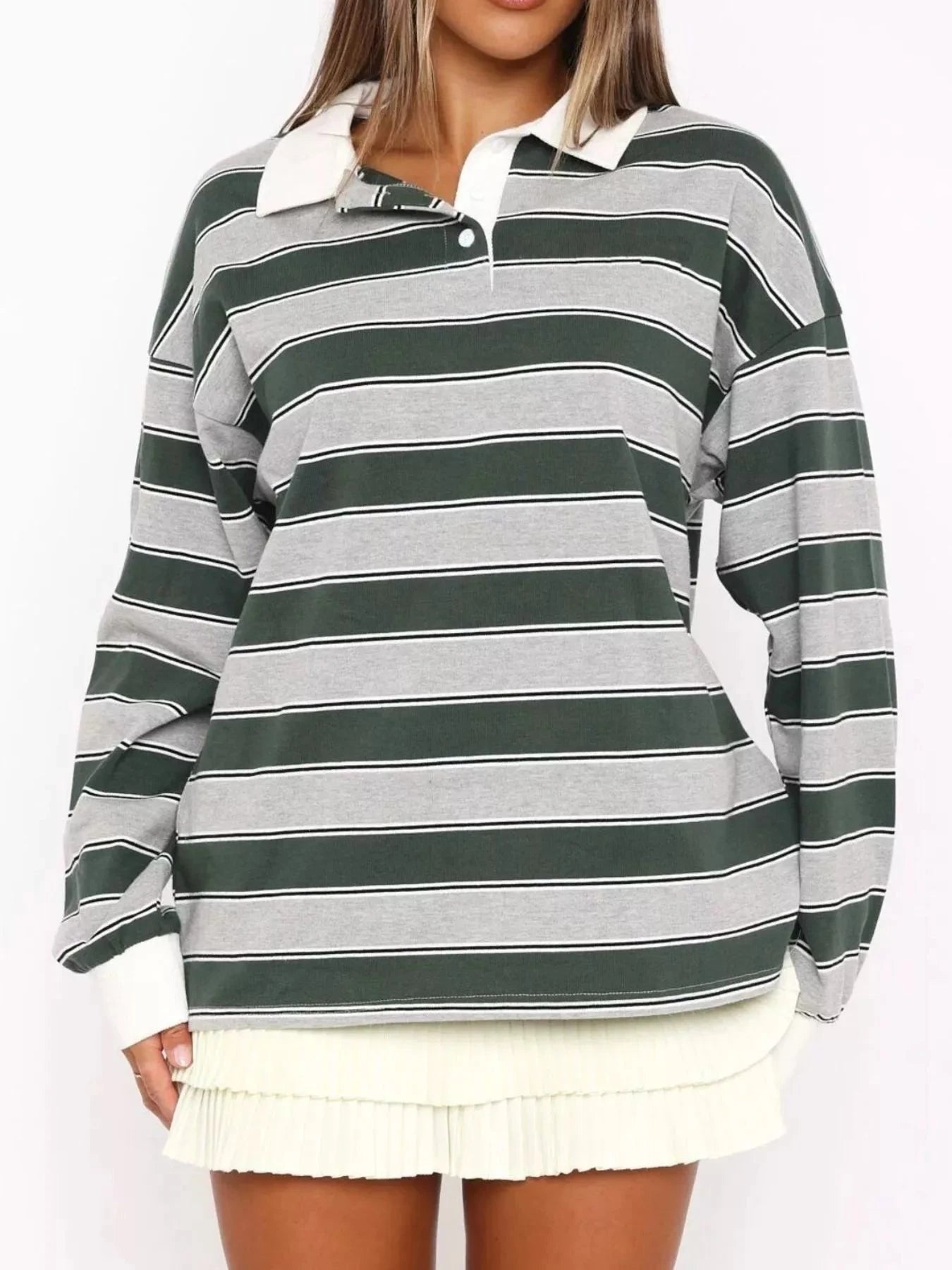 Striped Button Detail Long Sleeve Polo Dark Green / S