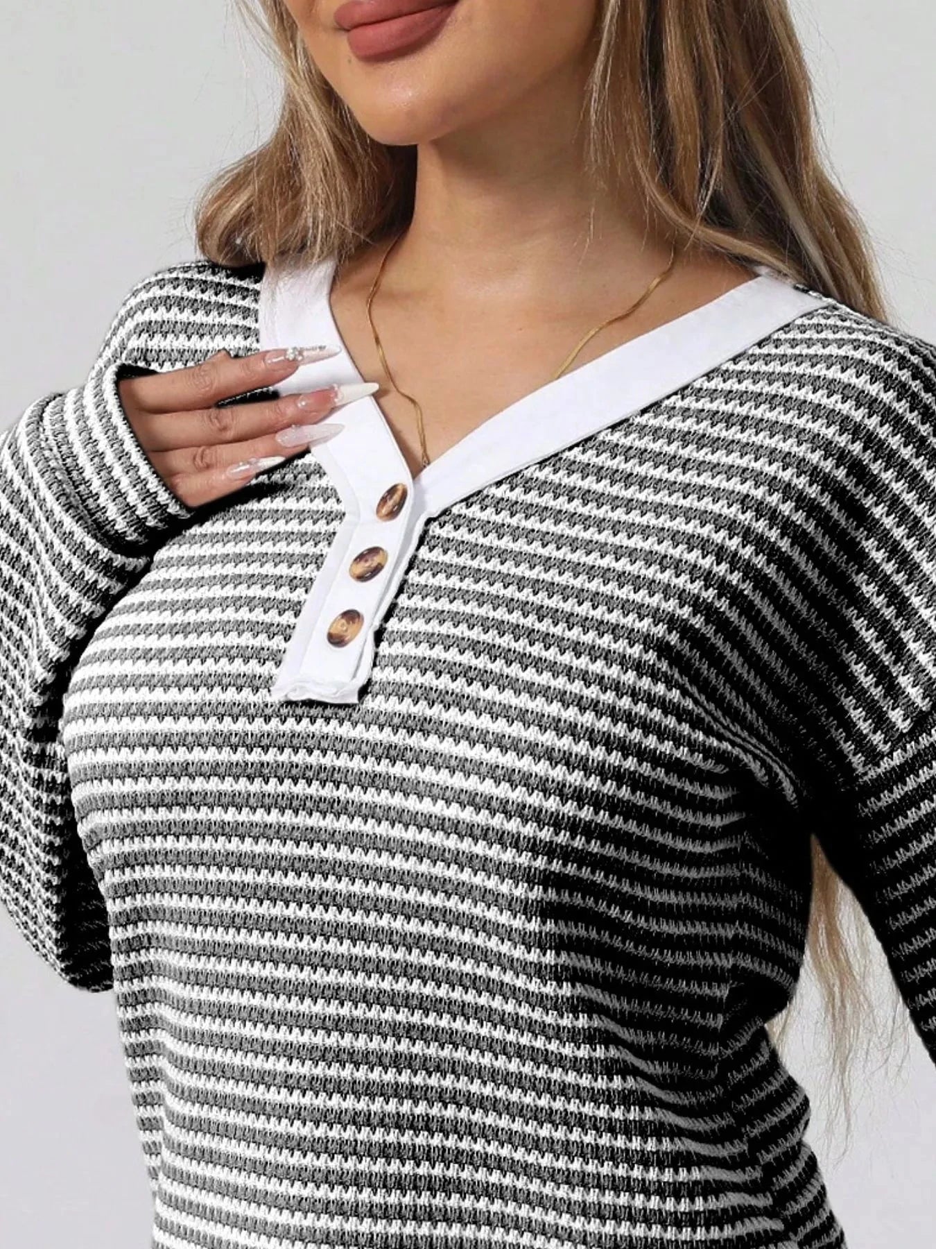 Striped Button Detail Long Sleeve Top