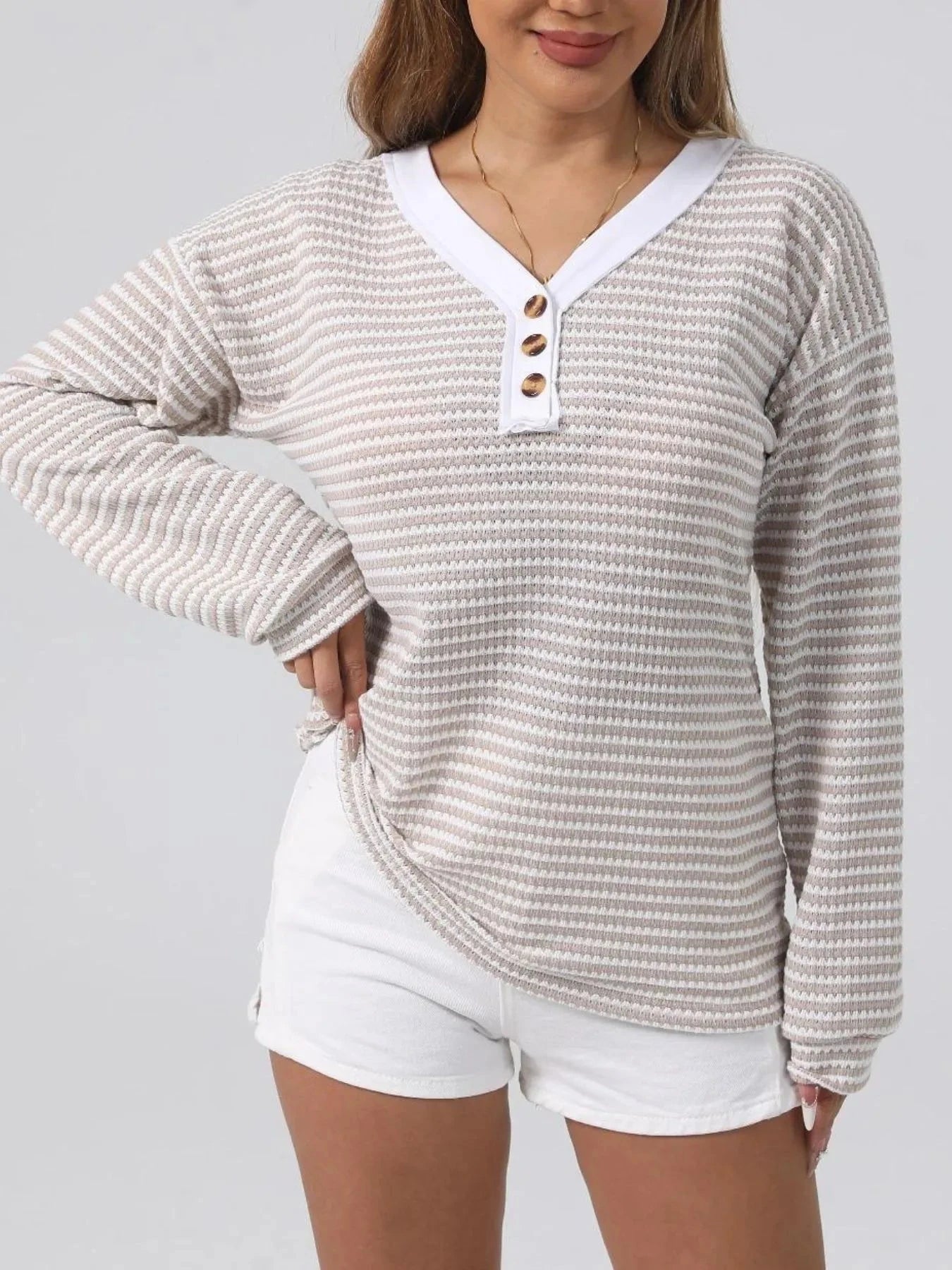 Striped Button Detail Long Sleeve Top