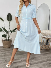 Striped Button-Down Midi Shirt Dress with Ruffle Sleeves