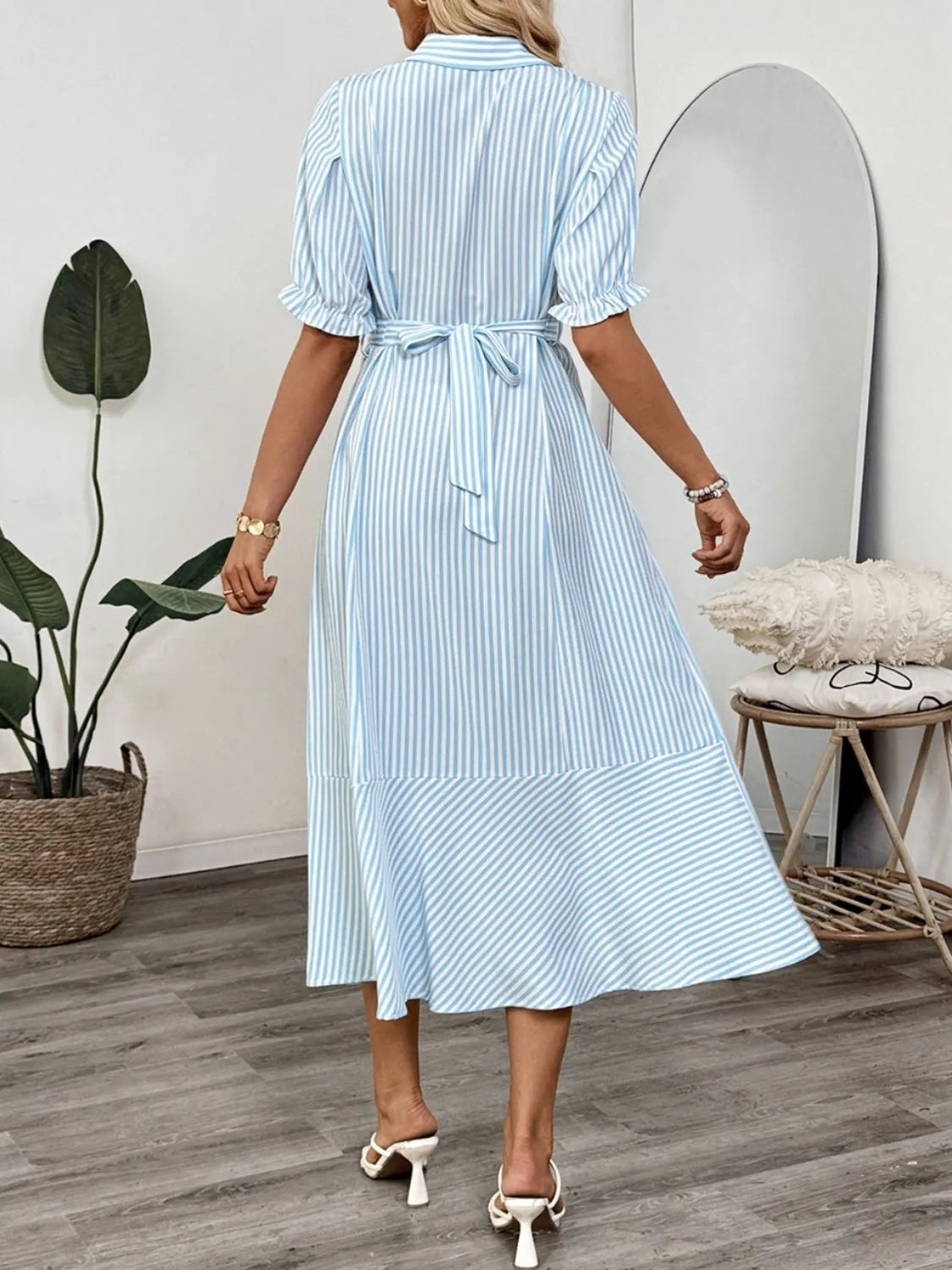 Striped Button-Down Midi Shirt Dress with Ruffle Sleeves