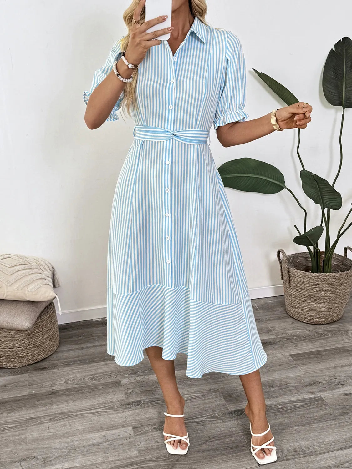 Striped Button-Down Midi Shirt Dress with Ruffle Sleeves