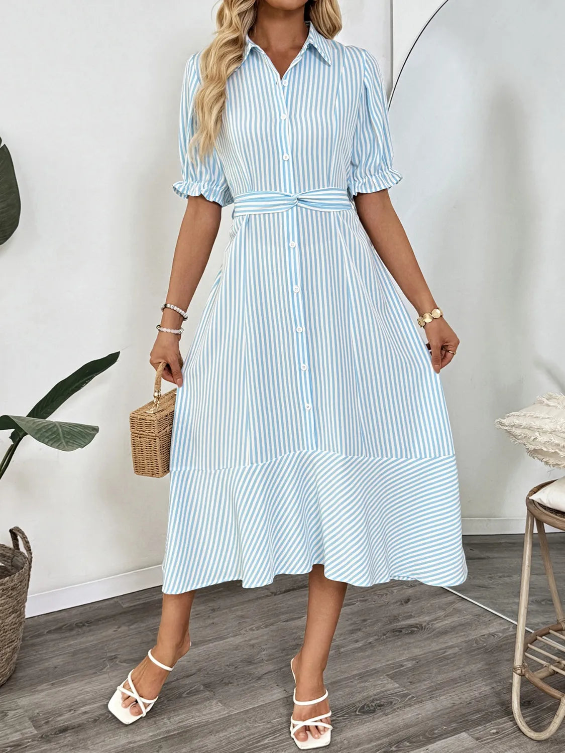 Striped Button-Down Midi Shirt Dress with Ruffle Sleeves Pastel  Blue / S