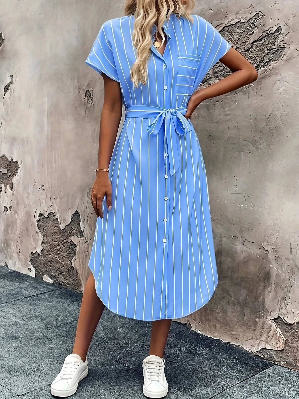 Striped Button-Down Shirt Dress Light Blue / S