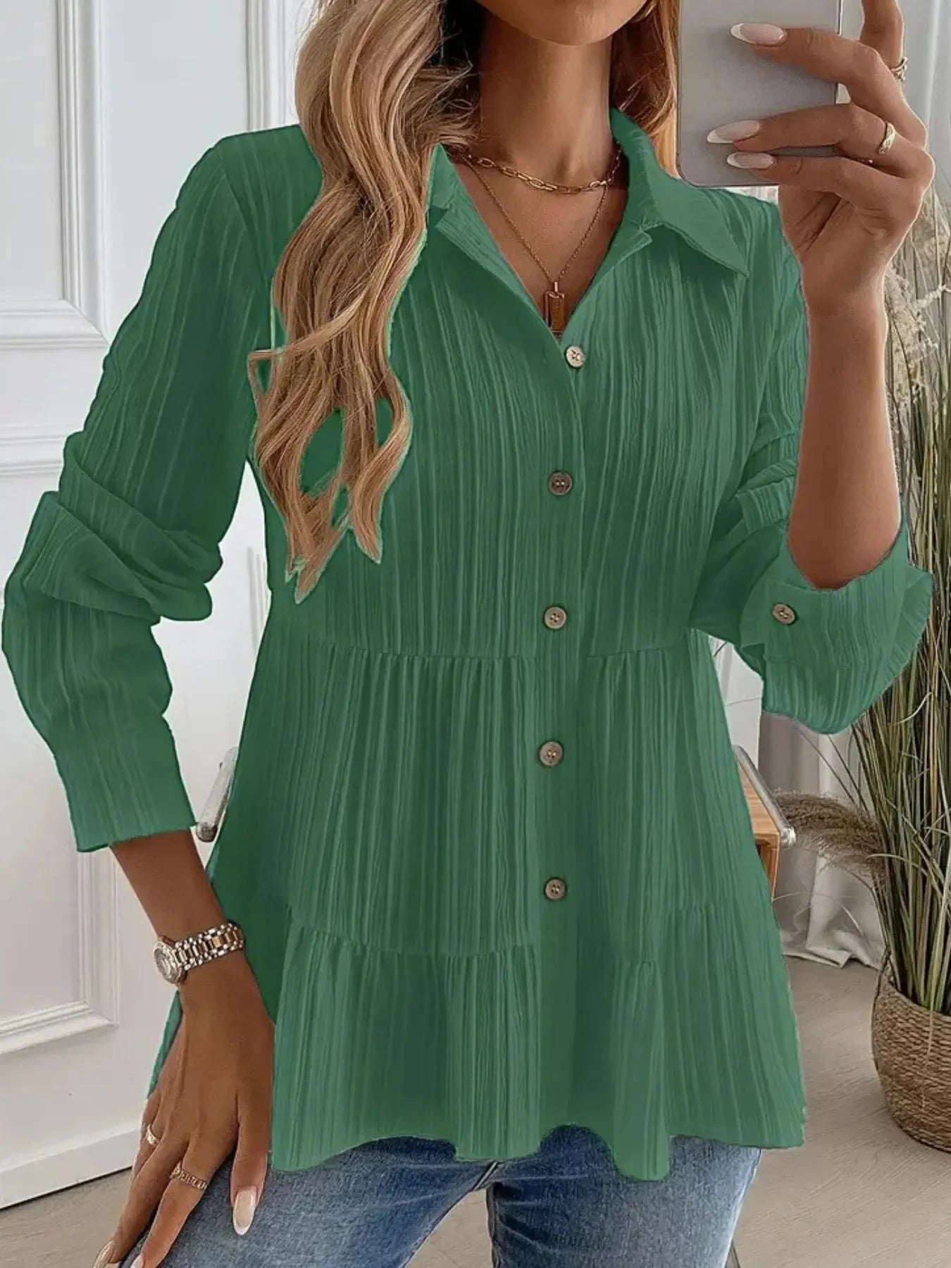 Striped Button-Down Tiered Shirt Dark Green / S