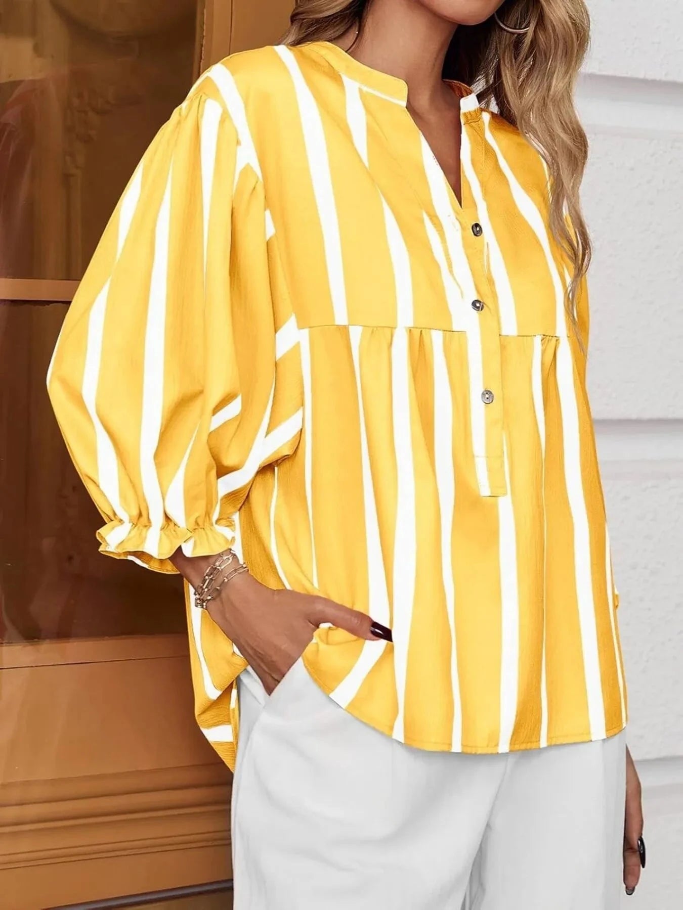 Striped Button Front Notched Blouse