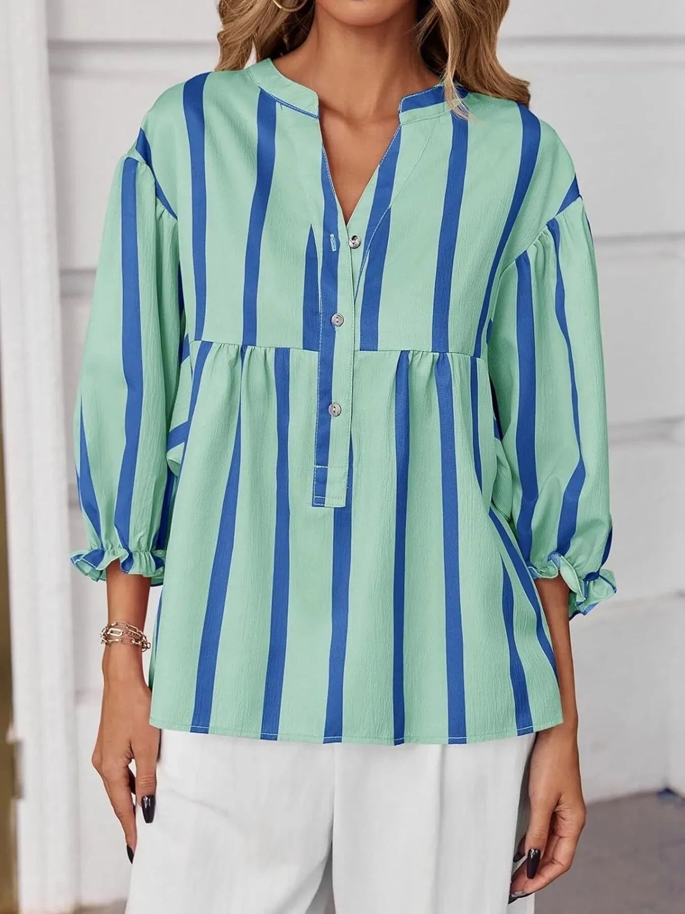 Striped Button Front Notched Blouse