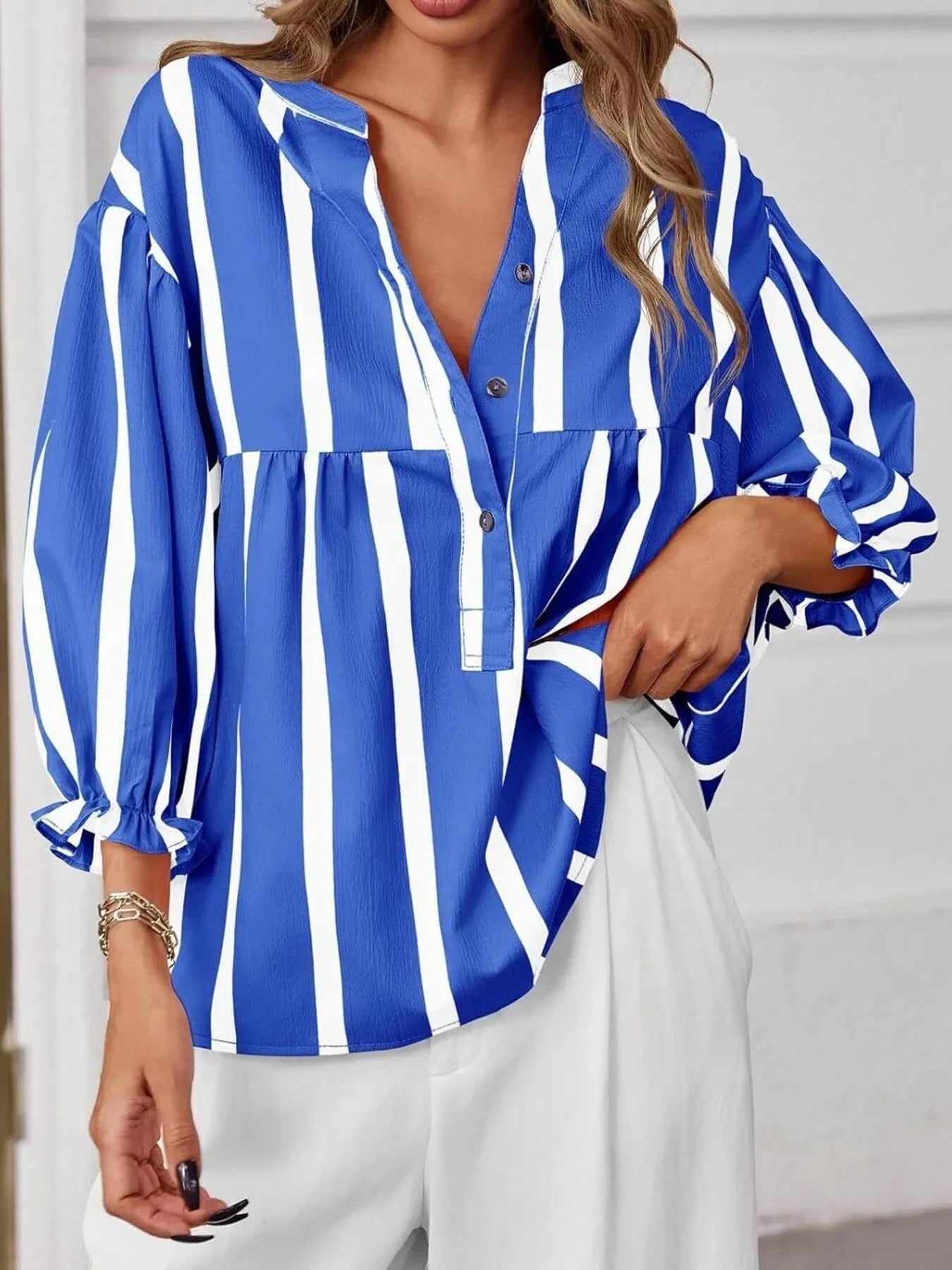 Striped Button Front Notched Blouse Blue / S