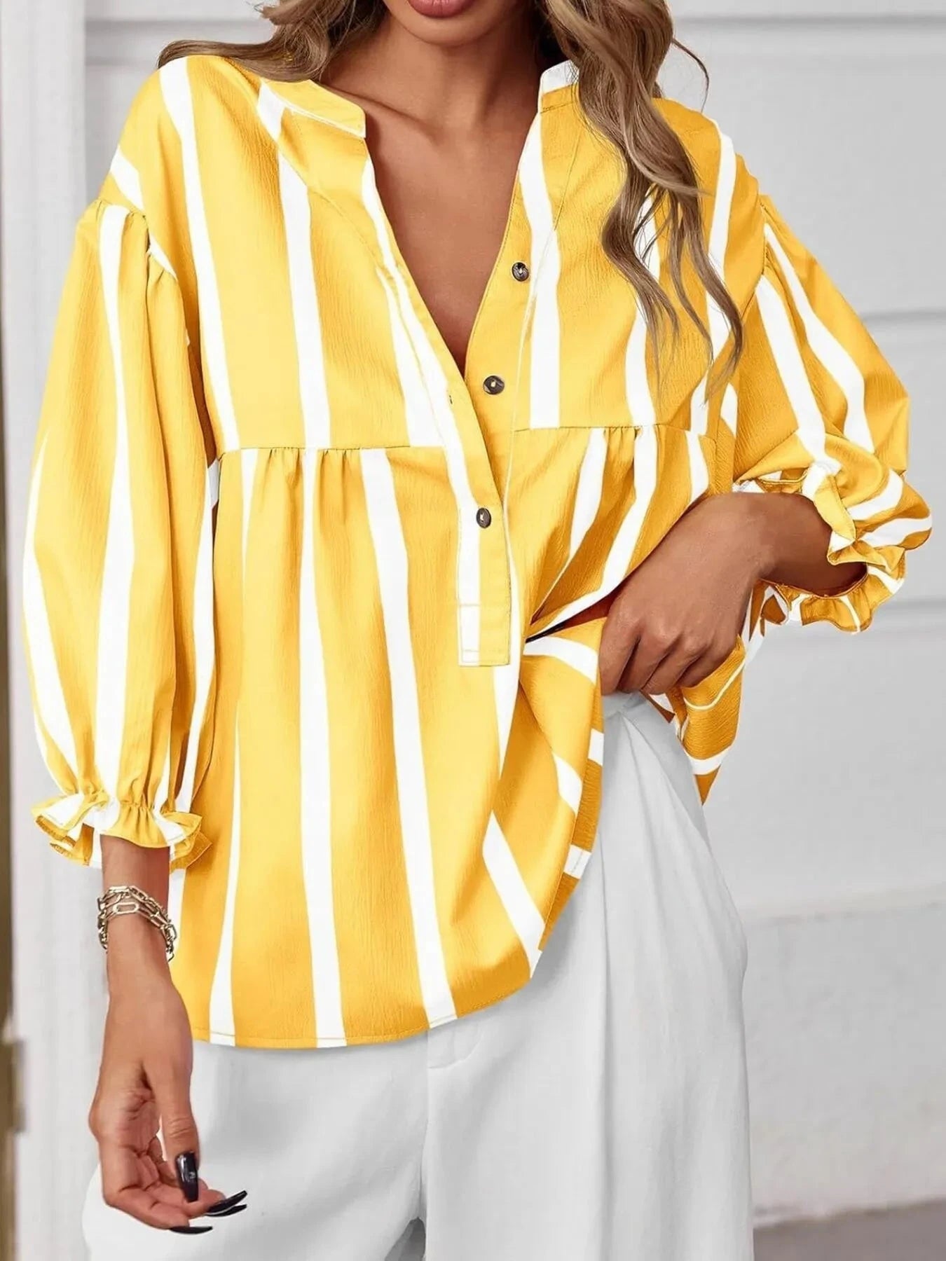 Striped Button Front Notched Blouse Yellow / S