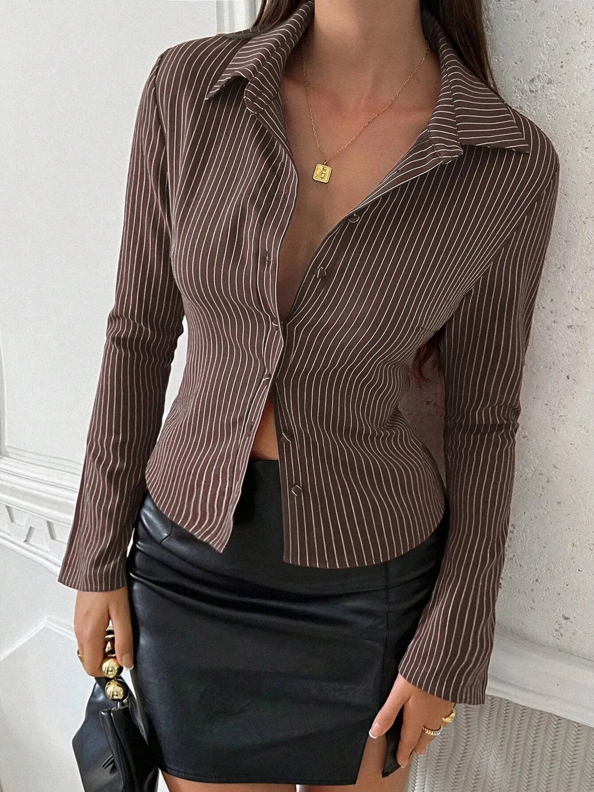 Striped Button Up Long Sleeve Shirt Brown / S