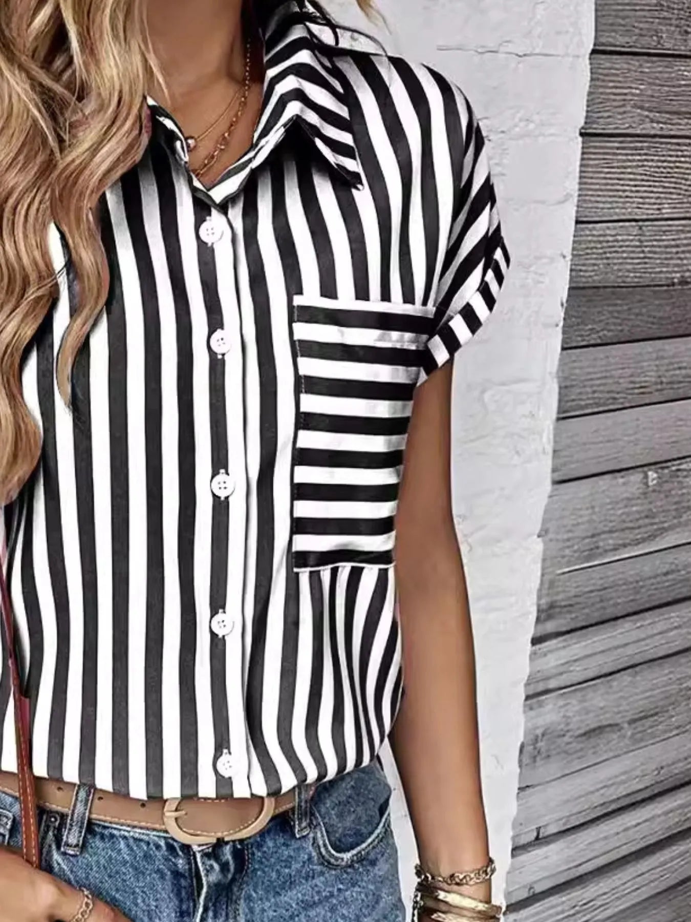 Striped Button-Up Short Sleeve Shirt with Pocket Black / S
