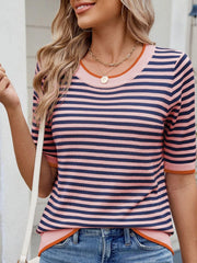 Striped Casual T-Shirt with Contrast Trim