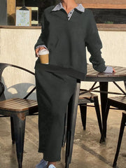 Striped Collar Sweatshirt and Slit Skirt Set