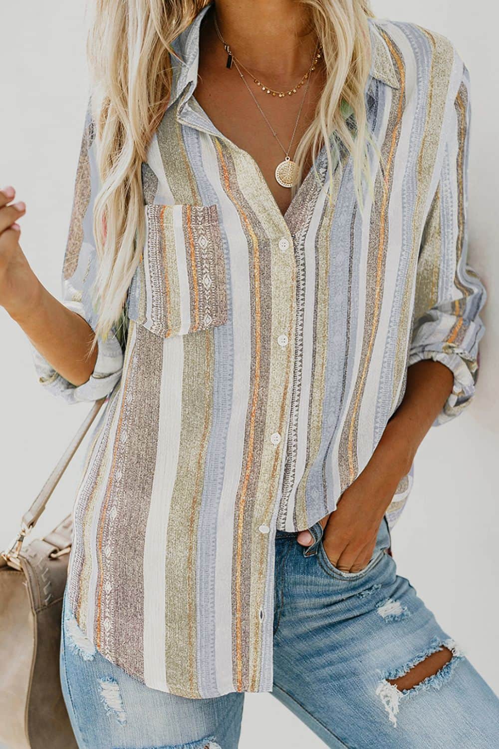 Striped Collared Neck Long Sleeve Shirt Beige / S