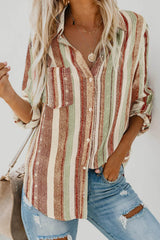 Striped Collared Neck Long Sleeve Shirt Brown / S