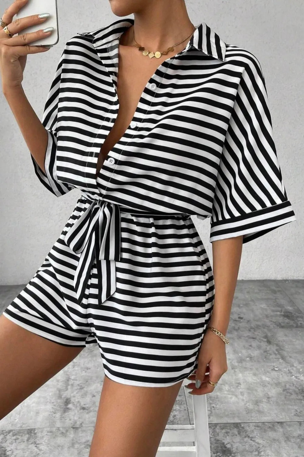 Striped Collared Neck Tie Waist Romper Black / S