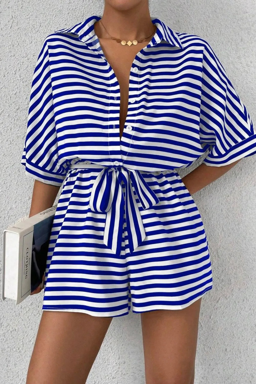 Striped Collared Neck Tie Waist Romper Blue / S