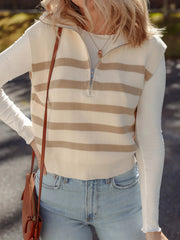 Striped Half-Zip Ribbed Knit Sweater Vest