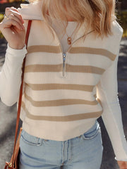 Striped Half-Zip Ribbed Knit Sweater Vest