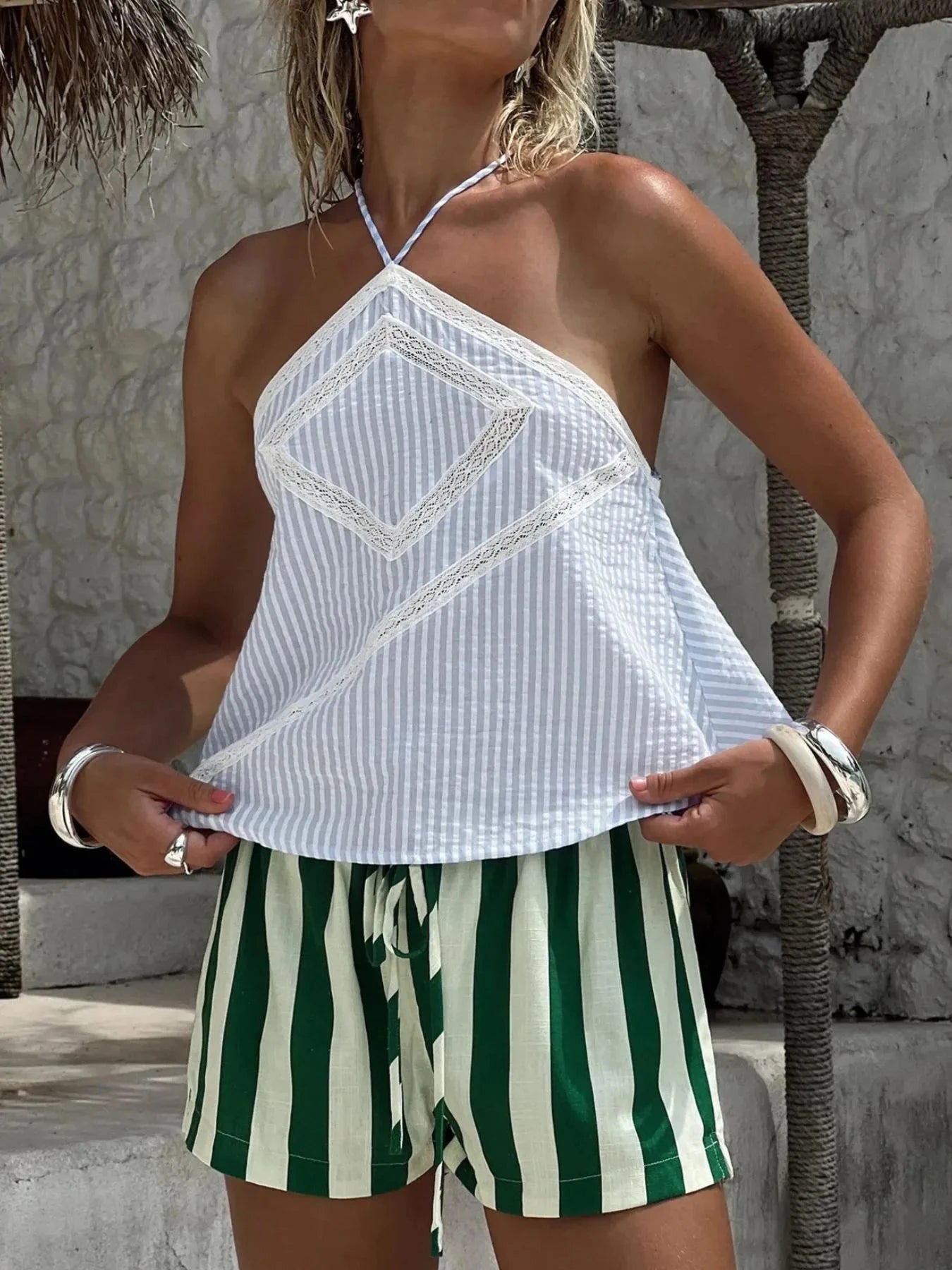 Striped Halter Neck Cami Light Blue / S