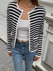 Striped Knit Cardigan with Gold Buttons Black / S