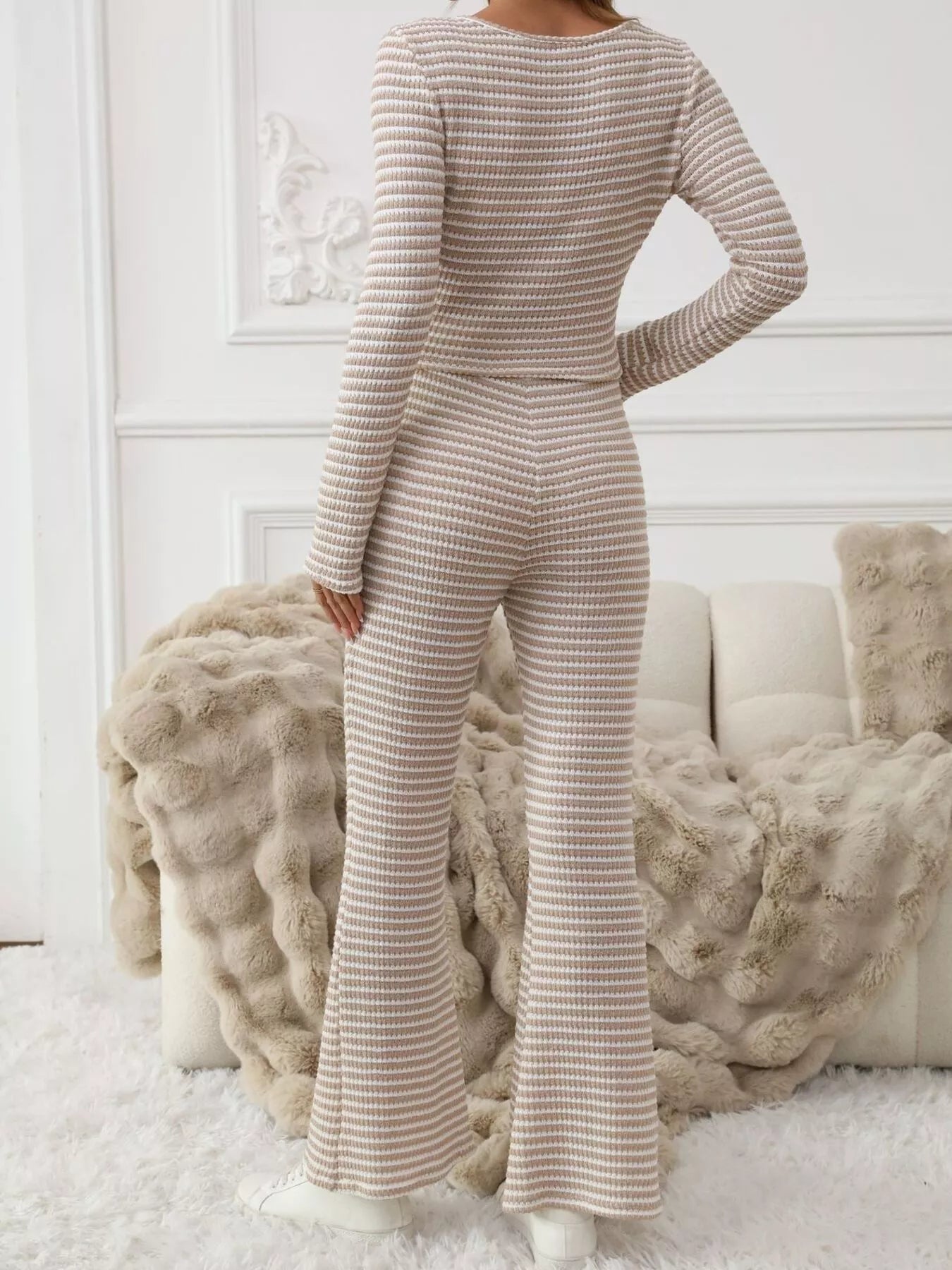 Striped Knit Long Sleeve Top & Flare Leg Pants Set