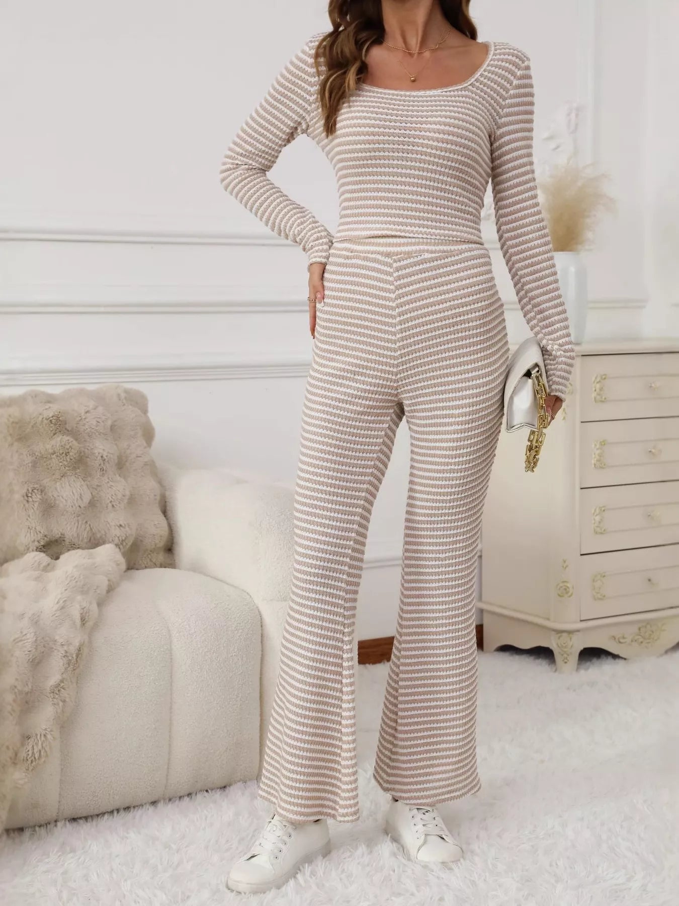 Striped Knit Long Sleeve Top & Flare Leg Pants Set Apricot / S