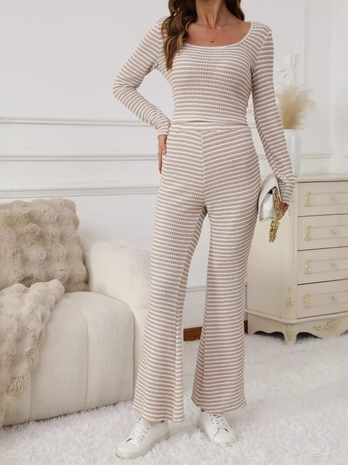 Striped Knit Long Sleeve Top & Flare Leg Pants Set Apricot / S