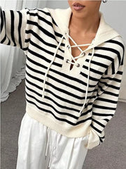 Striped Lace-Up Long Sleeve Sweater