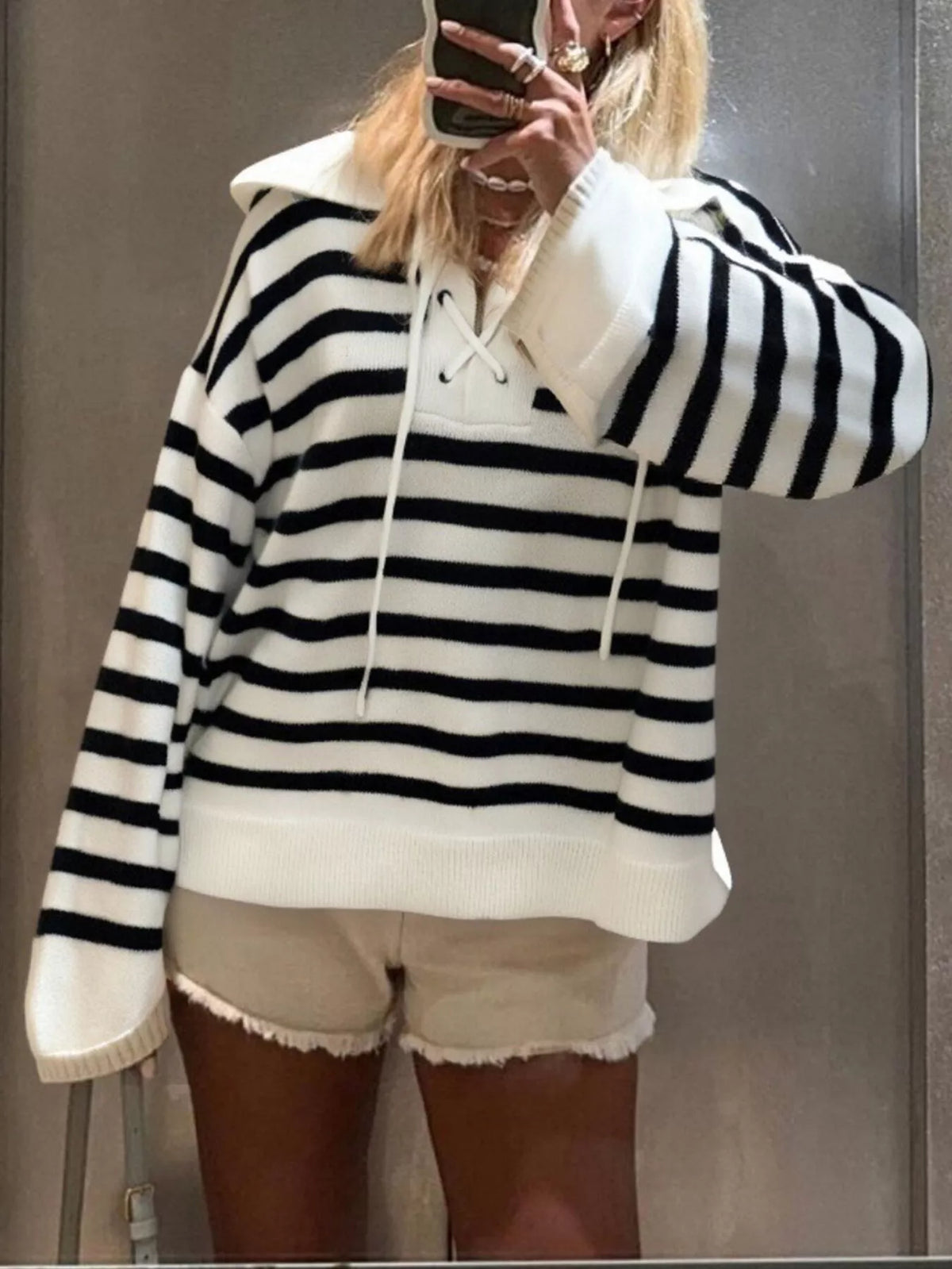 Striped Lace-Up Long Sleeve Sweater Black / S