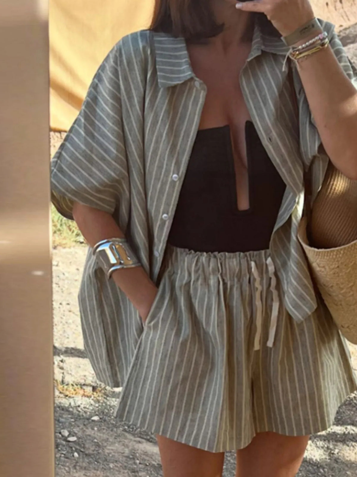Striped Linen Shirt and Shorts Two-Piece Summer Set Grey / S