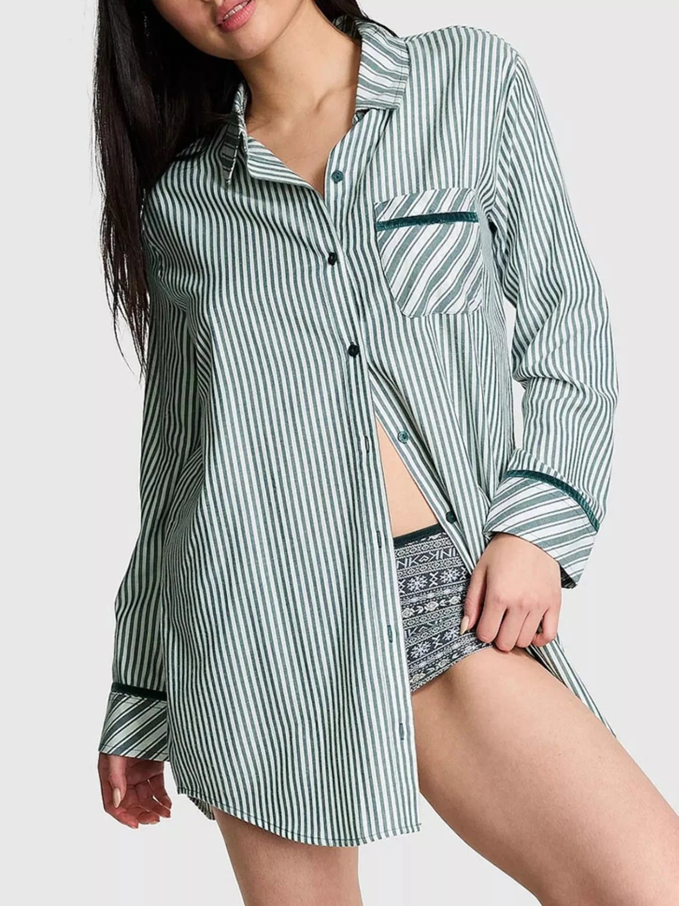 Striped Long Sleeve Button-Up Shirt Green / S