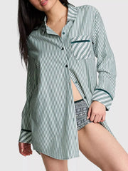 Striped Long Sleeve Button-Up Shirt Green / S