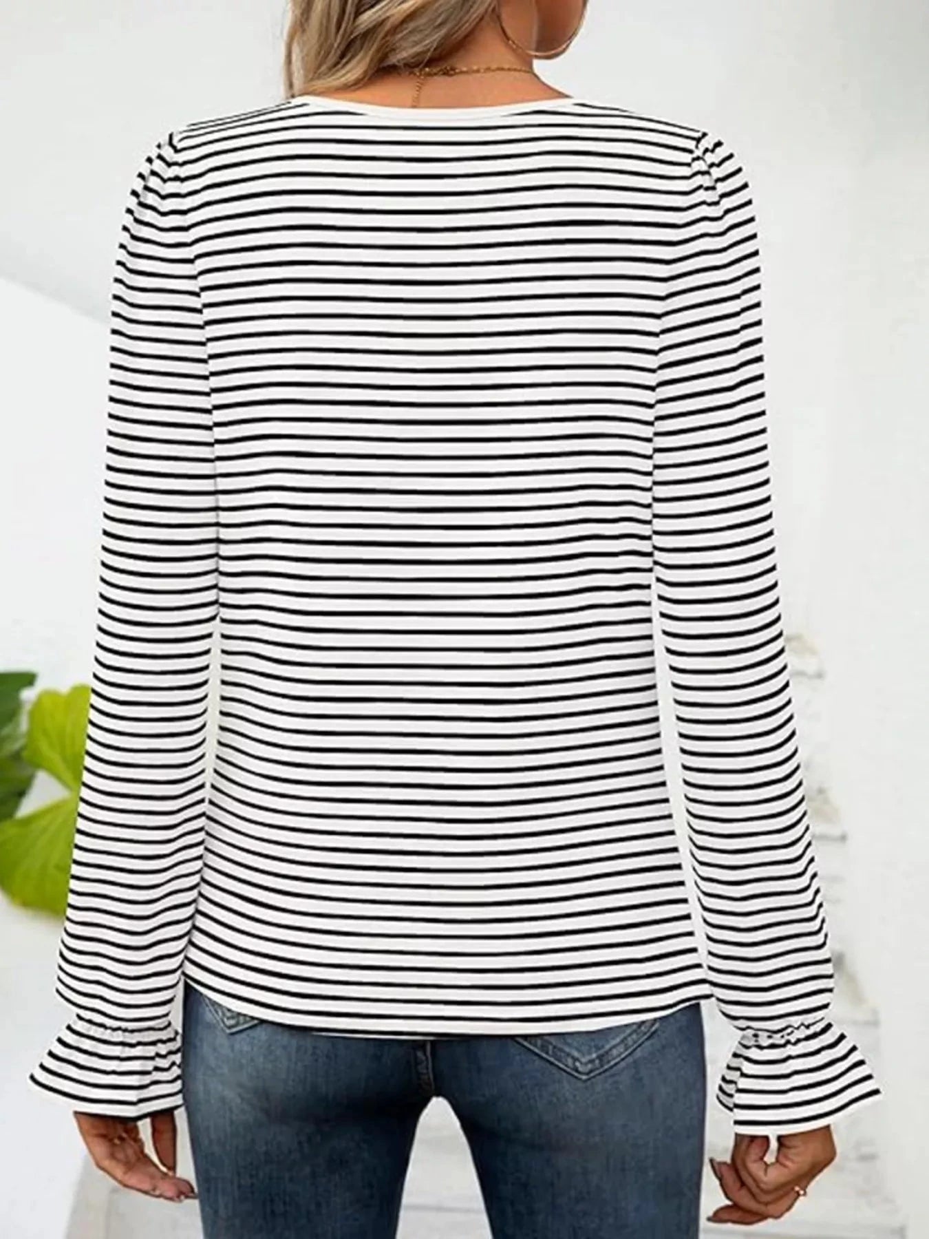 Striped Long Sleeve T-Shirt with Square Neckline